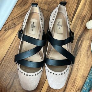 Valentino Ballerina size 37, black leather, nude suede and silver studs.